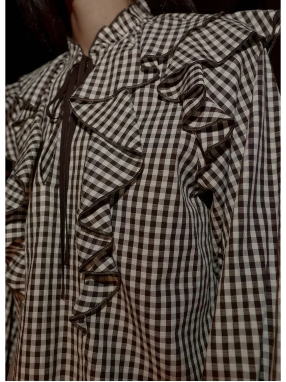 Zara Brown White Gingham Ruffle Shirt Top Sz S - Picture 2 of 14